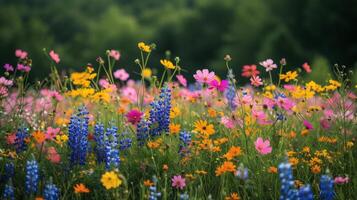 ai gerado uma Prado coberto dentro colorida flores silvestres, a comemorar a chegada do Primavera. foto