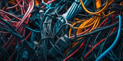 ai gerado bagunça do colorida elétrico fios e cabos complexidade confusão ou desorganização. foto