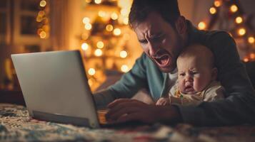 ai gerado trabalhos sobrecarga pai Papai tentando para Saldo trabalhos e família conforto uma chorando bebê enquanto digitando em computador portátil foto