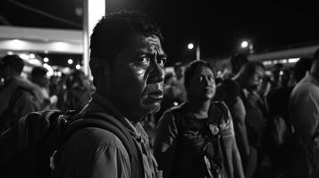 ai gerado grupo do imigrantes esperando às uma lotado fronteira posto de controle com ansiedade foto