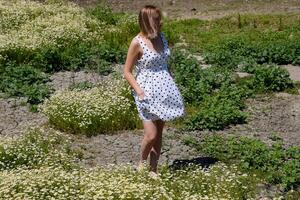 uma mulher dentro uma branco vestir com polca pontos é em uma clareira com margaridas. florescendo margaridas foto