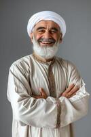 ai gerado sorridente islâmico homem dentro estúdio, cultural diversidade retrato foto