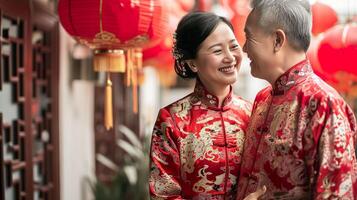 ai gerado a comemorar chinês Novo ano, alegre ásia casal foto