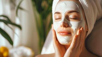 ai gerado relaxante beleza ritual, jovem senhora aplicando facial mascarar para brilhando pele foto