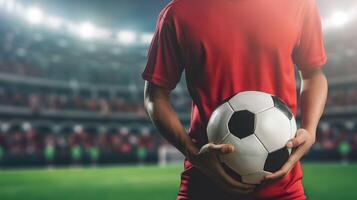 ai gerado futebol atleta dentro Ação, profissional futebol jogador em estádio campo foto