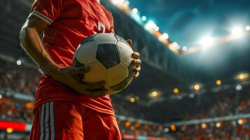 ai gerado irreconhecível futebol jogador segurando futebol bola, estádio açao foto