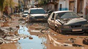 ai gerado natural desastre consequências, inundado carros dentro urbano ruas foto