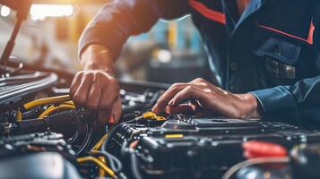 ai gerado profissional auto serviço, técnico mãos às trabalhos em elétrico sistema foto