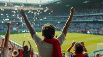 ai gerado futebol estádio celebração, irreconhecível fãs levantando braços dentro vitória foto