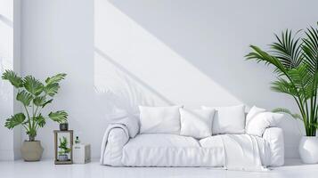 ai gerado brilhante moderno vivo sala, branco linho sofá e plantar decoração foto