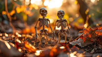 ai gerado feriado alegria dentro a quintal, feliz esqueleto decoração debaixo luz solar foto