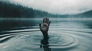ai gerado alcançando mão surge a partir de misterioso lago profundidades foto