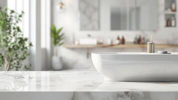 ai gerado moderno branco banheiro interior com elegante mármore mesa topo para produtos exibição foto