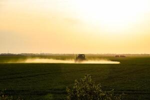 jatos do líquido fertilizante a partir de a trator pulverizador. foto