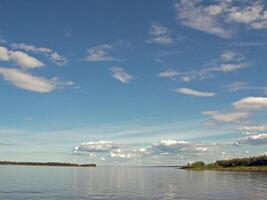 rio panorama cedo Primavera. nu árvores, Derretendo neve. foto