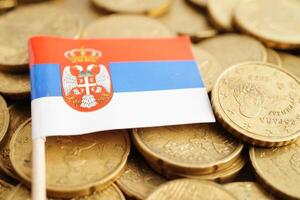 Sérvia bandeira em moeda e nota de banco dinheiro, finança negociação investimento o negócio moeda conceito. foto