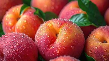 ai gerado fresco pêssegos com água gotas fundo. foto