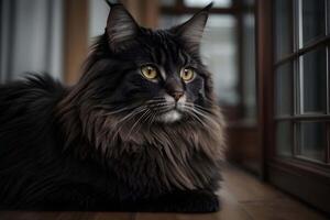 ai gerado Sombrio Preto maine coon majestoso gato deitado baixa fundo papel de parede foto