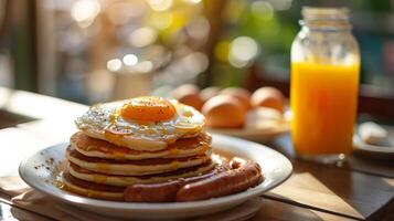 ai gerado ensolarado lado acima ovos em panqueca café da manhã. generativo ai. foto