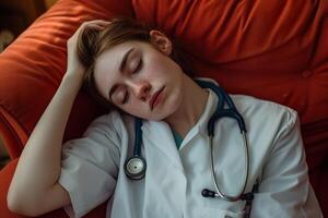 ai gerado uma cansado jovem médico dentro uniforme levando uma descansar em uma sofá. generativo ai. foto