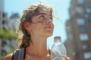 ai gerado uma jovem mulher carregando mochila e segurando plástico água garrafa generativo ai. foto