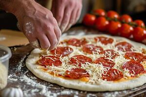 ai gerado a artesanal calabresa pizza ser feito à mão de uma temperado chefe de cozinha, concentrando em a artesanato e ingredientes. generativo ai. foto