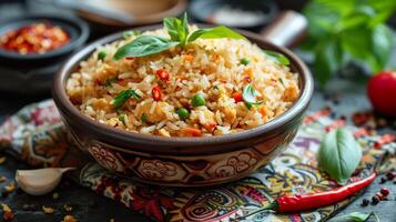 ai gerado uma tigela do tailandês manjericão frango frito arroz em a mesa. generativo ai. foto