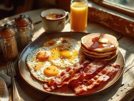 ai gerado uma acolhedor manhã cena com uma clássico americano café da manhã. generativo ai. foto