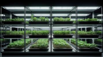 ai gerado prateleiras vertical Fazenda crescendo fresco verde plantas dentro de casa. fresco microgreens automático cultivo. gerado por IA contente. foto