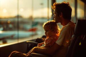 ai gerado pai e criança assistindo pôr do sol às aeroporto terminal. generativo ai. foto