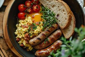 ai gerado forte tradicional café da manhã com ovos e salsicha. generativo ai. foto