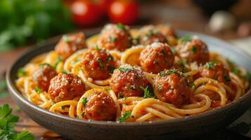 ai gerado fechar acima Visão do delicioso espaguete com carne bolas. ocidental Comida conceito foto