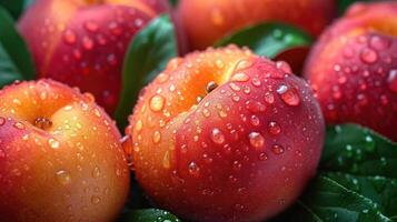 ai gerado fresco pêssegos com água gotas fundo. foto