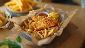 fechar acima do peixe e salgadinhos com francês fritas. velozes Comida e propaganda conceito. foto