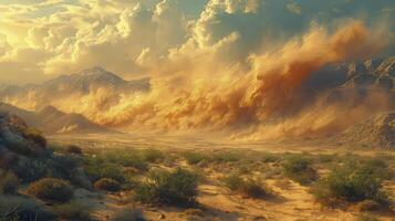 ai gerado areia tornados dentro a deserto cercado de verde oásis Visualizações. foto