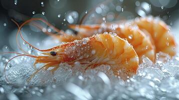 ai gerado suculento congeladas camarão. a frescor do a camarão fechar acima visualizar. frutos do mar fotografia. foto