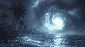 ai gerado uma misterioso atmosfera com uma tornado tempestade dentro a oceano às noite, com Palma árvore silhuetas criando estranho sombras. foto