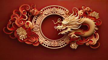 ai gerado feliz chinês Novo ano a Dragão zodíaco placa com flor, lanterna, asiático elementos ouro papel cortar estilo. foto