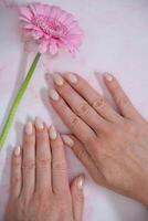 mãos do uma mulher com imperfeita manicure com com Rosa gel polonês e gerbera foto