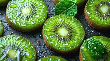 ai gerado exótico kiwi fundo. exótico apelo do perfeitamente volta kiwi fatias. foto