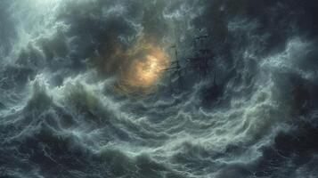 ai gerado uma tornado tempestade às mar com uma navio balançando no meio enorme ondas. foto