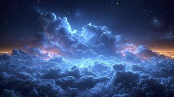 ai gerado uma nublado noite céu com a presença do noctilucente nuvens este brilho dentro a escuridão, criando uma deslumbrante céu visualizar. em direção ao céu Visão a partir de abaixo. foto