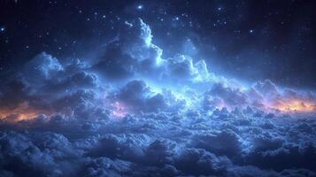 ai gerado uma nublado noite céu com a presença do noctilucente nuvens este brilho dentro a escuridão, criando uma deslumbrante céu visualizar. em direção ao céu Visão a partir de abaixo. foto
