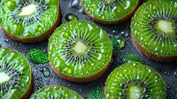 ai gerado exótico kiwi fundo. exótico apelo do perfeitamente volta kiwi fatias. foto