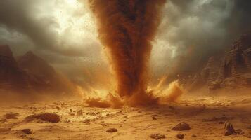 ai gerado uma areia tornado dentro a meio do uma brilhante deserto durante a dia, com areia passagem através a ar. foto