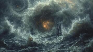 ai gerado uma tornado tempestade às mar com uma navio balançando no meio enorme ondas. foto
