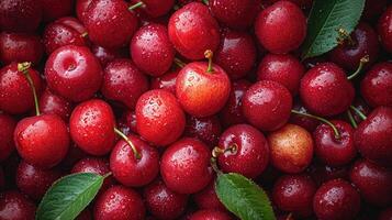 ai gerado pilha do tentador cerejas, a interessante arranjo para mostruário a brilho e suavidade do a fruta. foto