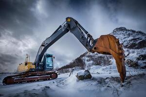 velho escavadora dentro inverno panorama foto