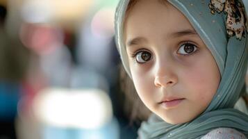 ai gerado jovem menina imigrante vestindo hijab chegar dentro uma Novo comunidade. foto