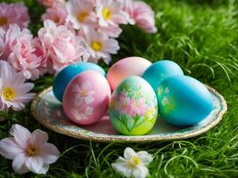 ai gerado brilhante Páscoa ovos em uma prato entre exuberante verde Relva e flores foto